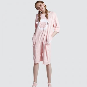 Frauen Onesie Pink Printed Cotton Jersey Stickerei Pyjamas Set