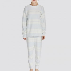 Frauen Streifen elastische Mikrofaser Fleece Pyjama Set
